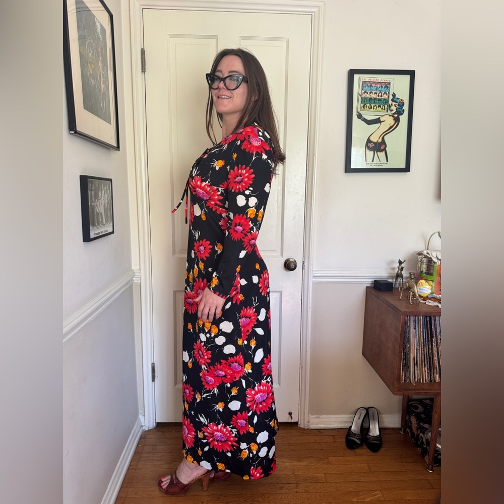 70s Vintage Long Sleeve Floral Maxi Dress with Keyhole Cut Out Sz L - Picture 2 of 6